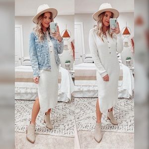 Cream Color Ribbed Midi Sweater Dress with Button Detail and Side Slits